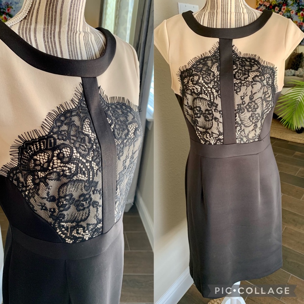 Lace Overlay Cap Sleeve Dress 
Size: 8
Color: Taupe/black